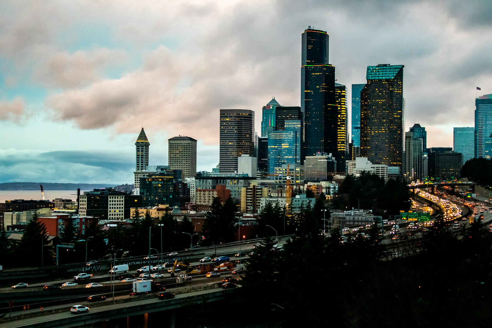 Downtown Seattle skyline above the freeway Downtown Seattle skyline above the freeway